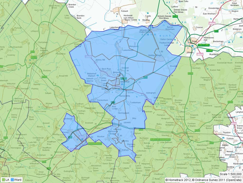 2.2.13 Forest Heath Forest Heath falls mainly within the Bury St Edmunds BRMA (shaded pale blue) with a section to the south west of the district falling into Cambridge s BRMA (shaded grey) including
