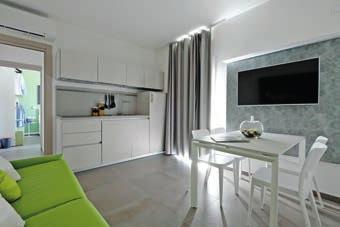 bed, large fridge with freezer, four-zone induction hob, microwave oven, crockery, dishwasher, table and chairs, tea bar, 43 Android smart TV with Italian and foreign satellite channels.