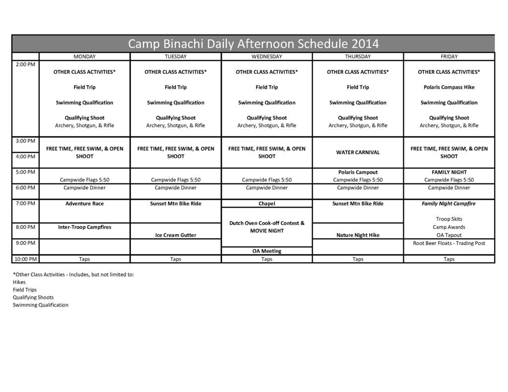 Daily Camp Schedule 2014 BINACHI