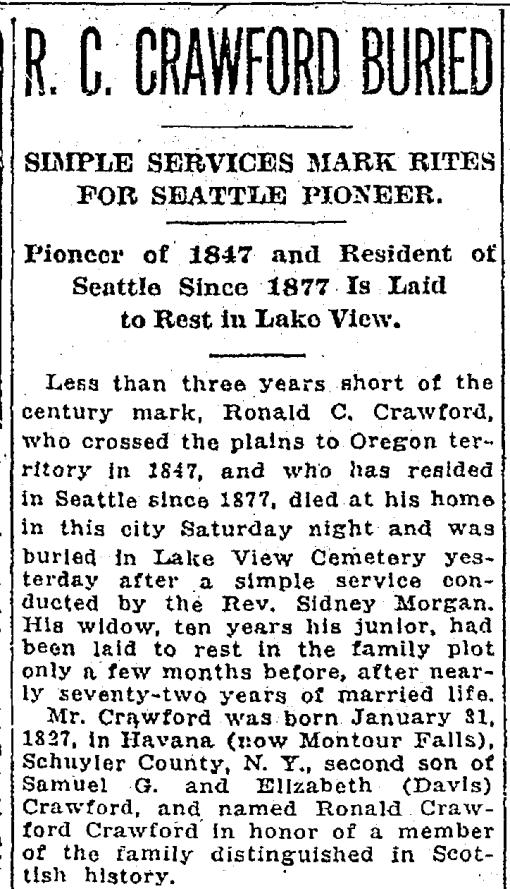 [Seattle Daily Times, Seattle, Washington, Tuesday, July 15, 1924 p.19] Children of Ronald Crawford and Elizabeth Moore: i. Addie Maria Crawford b. 24 Feb 1854 Oregon d.