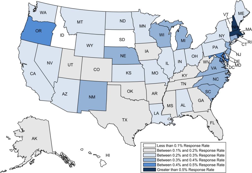 Figure 3-3. Response rate by state (relative to FAA Airmen Statistics, 2013) The average age of respondents was 57.1 years, higher than the general pilot population s average age of 44.