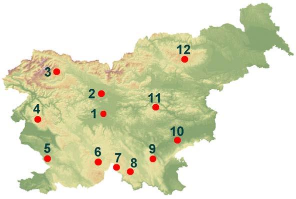 3.4.1.2 Lokacije meteoroloških postaj v letu 2016 Samodejne meteorološke postaje GIS, ki so delovale leta 2015 (Slika 30): 1. GIS Ljubljana (300 m) 2. Brdo (471 m) 3. Pokljuka (1345 m) 4.