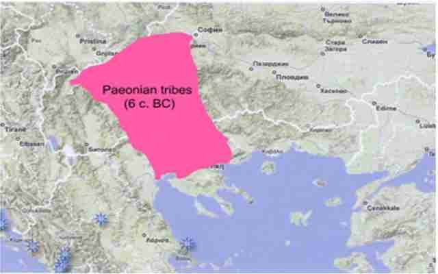 This map shows the territory on which the Paionian tribes lived from the time of the Trojan War (thirteenth through the twelfth century BCE), based on