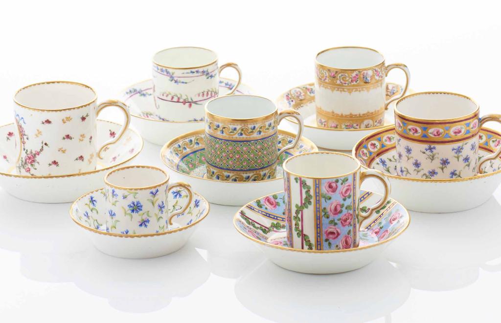 A Group of Sèvres Soft- and Hard-Paste Porcelain Cups and Saucers, variously