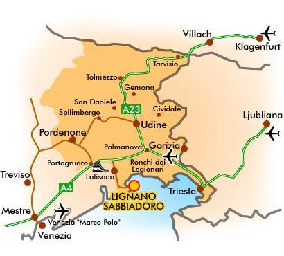 HOW TO REACH LIGNANO By plane - Airports The nearest airports are: Venice - Marco Polo at about 100 Km from Lignano Trieste - Ronchi dei Legionari at about 60 Km.