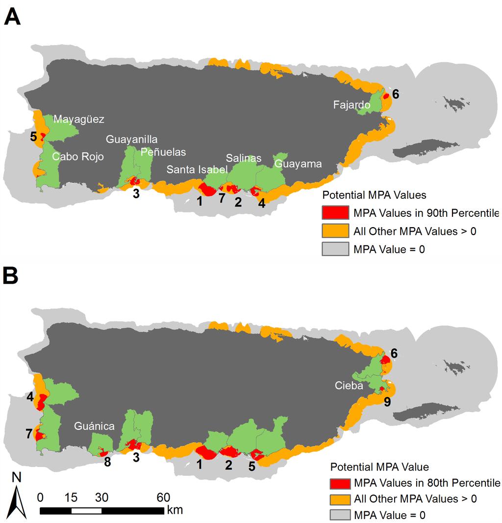 Figure 13. Potential MPA regions as delineated with a 90th (A) and 80th (B) percentile threshold value.