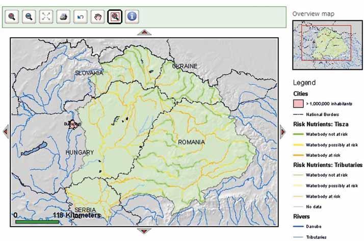 27 The key maps of the Tisza River Basin Analysis 2007 have been prepared in the DanubeGIS. This screenshot shows the risk assessment for nutrient pollution.
