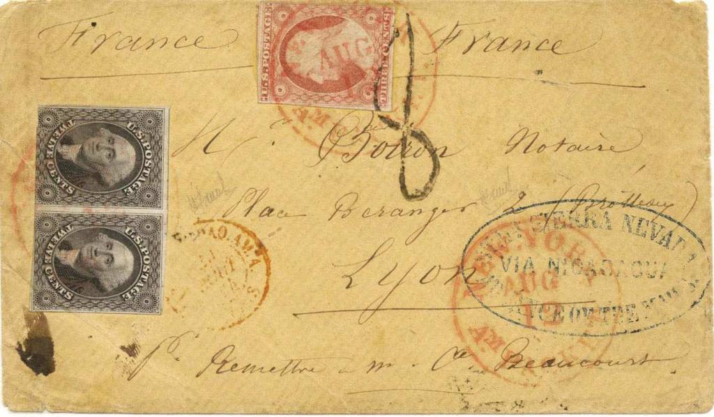 This letter was given to the Accessory Transit Company in San Francisco, which applied its red Via Nicaragua ahead of the mails straight-line handstamp. It was prepaid the required six cents U.S. transcontinental postage by a pair of three cents stamps of the 1851 issue.