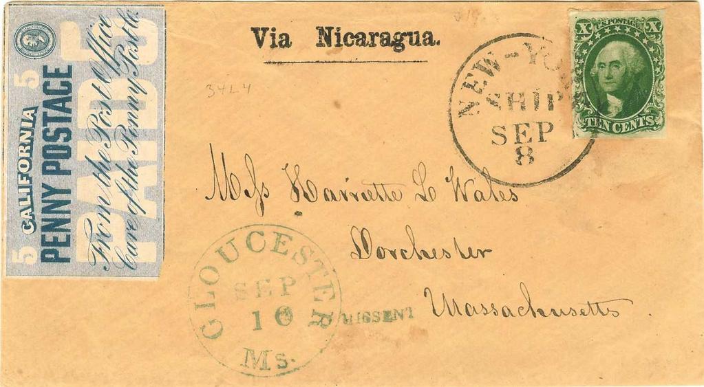 It was prepaid the required six cents postage by a pair of 1851 three cents stamps, and marked with the Accessory Transit s oval marking, Via Nicaragua in Advance of the Mail.