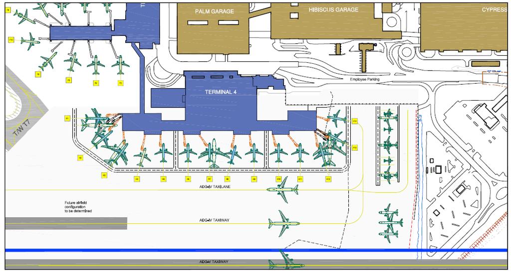 Establishes T4 West to accommodate gates that will be rendered inoperable by the South Runway project and with connectivity to T3 Establishes a combined T4 West and East to provide a total of 14