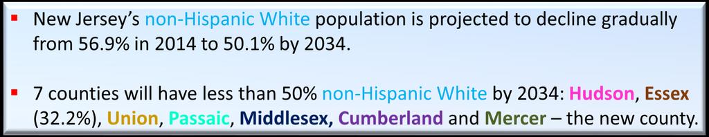 Projections of Population by Race, non-hispanic White: 2014 to 2034 The non-hispanic White newborns had lost their majority status in New Jersey since 2004.
