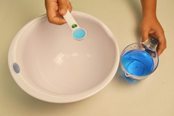This will allow the youth to easily see the water when measuring it in the cup. Give each youth (or pair of youth) colored water, liquid measuring cup, a set of measuring spoons and a bowl.