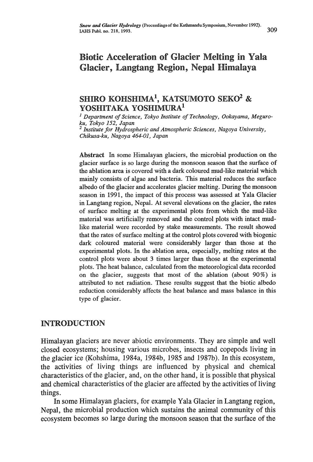 Snow and Glacier Hydrology (Proceedings of the Kathmandu Symposium, November 992). IAHS Publ. no. 28,993.