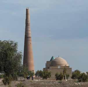 About half a mile south of the town lie the remains of the UNESCO-listed old city, including the 11 th -century Kutlug-Timur Minaret, which was for many years the tallest in Central Asia.