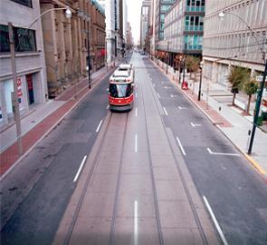 articulated streetcar heading