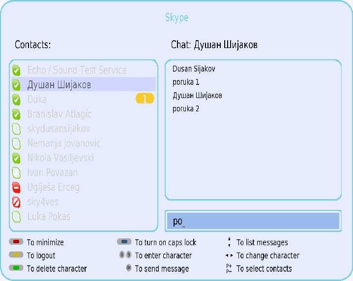 Koncept rešenja dugmiće PageUp i PageDown selektuje se polje za unos poruke za slanje i polje u kojem se ispisuju primljene i poslate poruke za trenutno selektovani kontakt. Slika 3.