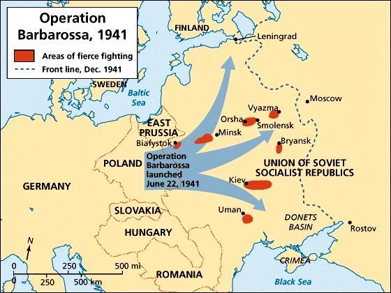 German invasion of the SOVIET UNION Hitler and Stalin had signed a Nonaggression Pact in August 1939. Hitler surprised Stalin in June 1941 when he invaded the U.S.S.R.