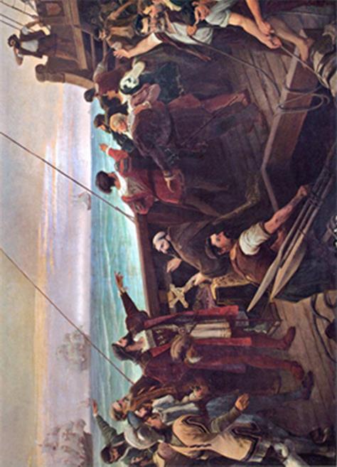 The Discovery of Brazil Cabral (centre-left, pointing) sights the Brazilian