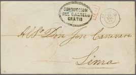 struck with AMBATO / FRANCA in red. Reverse with docketing of sender 'Ambato 22 de Mayo 1842'. A very scarce registered usage.
