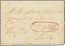 1863: Cover to Quito with fair strike of dotted FRANCA lozenge in red with GUAYAQUIL cds alongside in black (March 21).