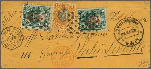 green and the other a pair of 20 c. brown-red on a front, also a superb 1887 cover to Huancavelica franked by pair of 1886 5 c. orange tied by floral handstamps and 'Ayacucho' cds.