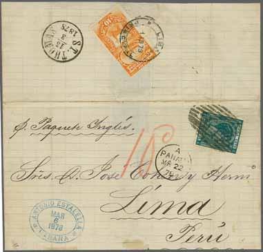 Circular 'New York / 12' credit marking in red on front (Sept 29) and reverse with Postage Due 1874/79 5 c. vermilion (2) tied by Lima datestamps (Oct 17) in black.