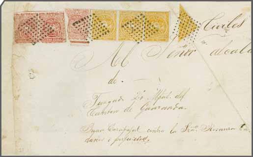brown-red, two examples used on 1870 cover, refolded for display, mailed to La Esperanza and tied by QUITO / FRANCA
