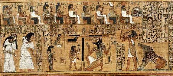 New Kingdom (dynasties 18-20, 1532 BC - 1070 BC) Papyrus of Ani: a papyrus manuscript written in cursive hieroglyphs and illustrated with color miniatures (1420 BC)