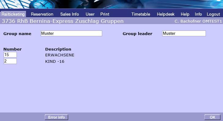 Screen 4: Screen «RhB Bernina-Express Zuschlag Gruppen» Group name,