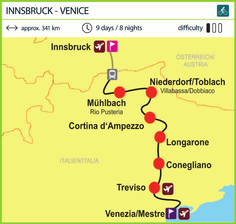 The most demanding stages over the Alps (Innsbruck Brenner) can be shortened by train or bus and the stage from Dobbiaco to Cortina d Ampezzo leads
