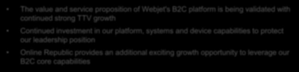 Strategic update and conclusion B2C The value and service proposition of Webjet's B2C platform is being validated with continued strong TTV growth Continued investment in our platform, systems and