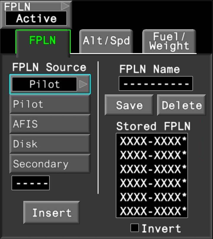 FIGURE 02-34-20-05 FPLN TAB FIGURE 02-34-20-06 AVAILABLE SELECTIONS FOR THE ACTIVE FPLN There are three ways to fill in the FPLN airport origin and destination fields: - key in the departure and