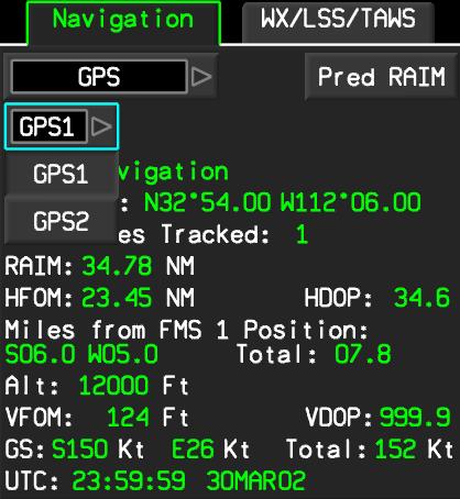 02-34-24 F2000EX EASY PAGE 6 / 12 WINDOWS AND ASSOCIATED TABS: CODDE 1 SENSORS WINDOW Gps selection FIGURE 02-34-24-08 NAVIGATION TAB GPS SELECTION All data come from the selected GPS.