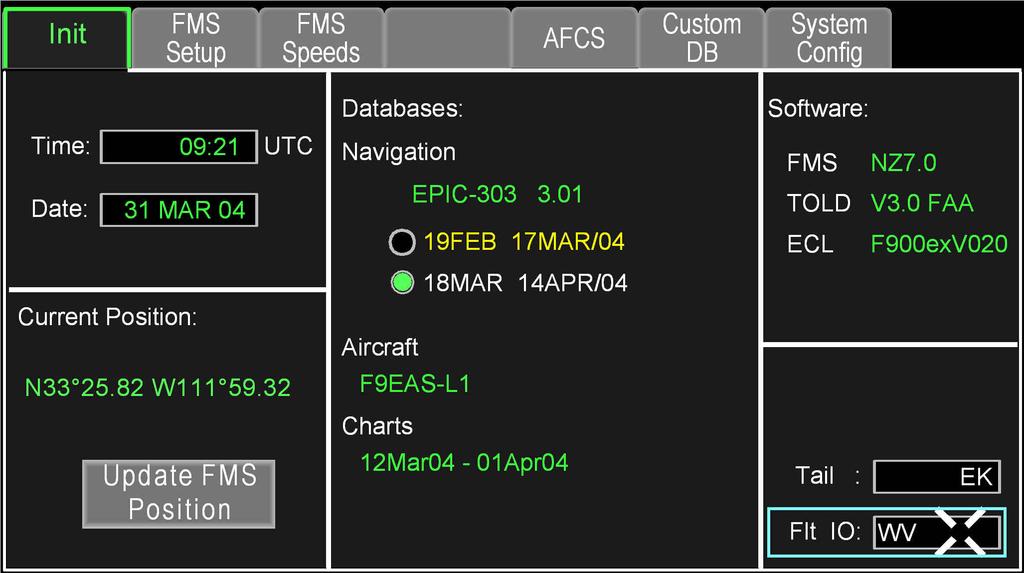 F2000EX EASY 02-34-28 CODDE 1 WINDOWS AND ASSOCIATED TABS: PAGE 1 / 8 AVINIOCS WINDOW AVIONICS window (access by MDU MENU) provides access to system initialization and setup functions, data base