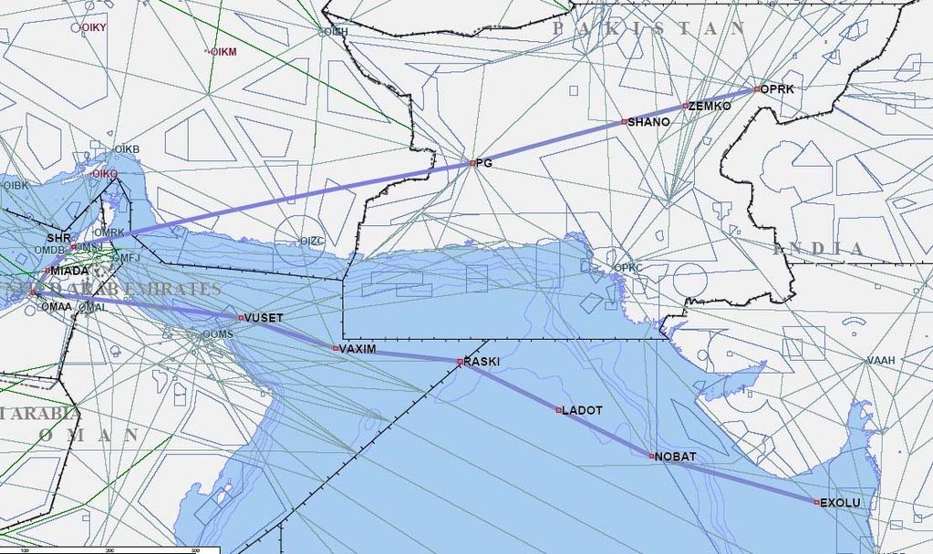 3A-17 ARN TF/2-REPORT MID/RC-013 Gulf Region Eastbound New, bi-directional route segments UAE to Pakistan, India, and beyond to Asia/Pacific Flight Level Band: Upper Airspace Potential City Pairs: