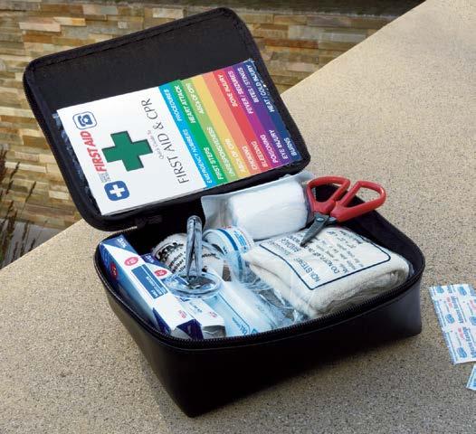 Soft-sided kit includes insect sting pads, bandages, scissors, two emergency blankets and more VELCRO brand mounting
