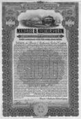 Attached coupons. Pen cancelled MANISTEE & NORTHEASTERN RAILROAD * 696 1909, Michigan. $1000 bond bearing 5%interest. Green.