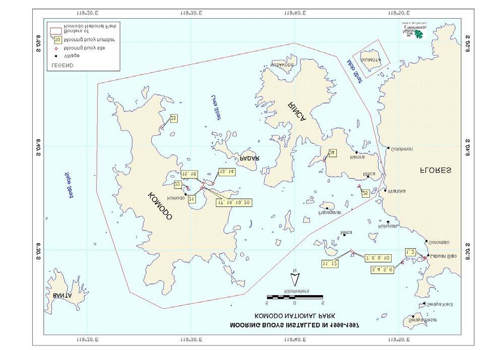 Figure 4. Map of Komodo National Park with location of moorings that were installed during 1996-1997. Mooring buoy numbers refer to Table 1. Table 1. Mooring buoys that were installed in 1996 and 1997.