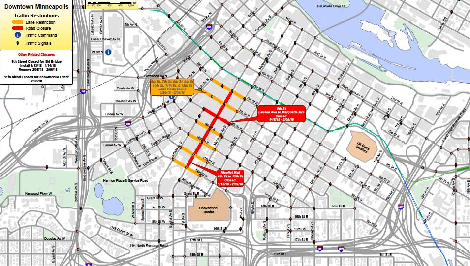 and 12th St. Starting Monday, January 15 through Friday, February 9 8th St. will be closed between LaSalle Ave. S. and Marquette Ave. S. Super Bowl Experience Driven by Genesis (Minneapolis Convention Center) Starting Wednesday, January 24 through Wednesday, February 7 2nd Ave/Grant St.