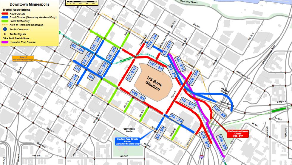 U.S. Bank Stadium (Home to Super Bowl LII) Starting Tuesday, January 2 through Sunday, February 11 Chicago Ave. S. will be closed between 4th St. S. and 6th St. S. 5th St. S. will be closed between 11th Ave.