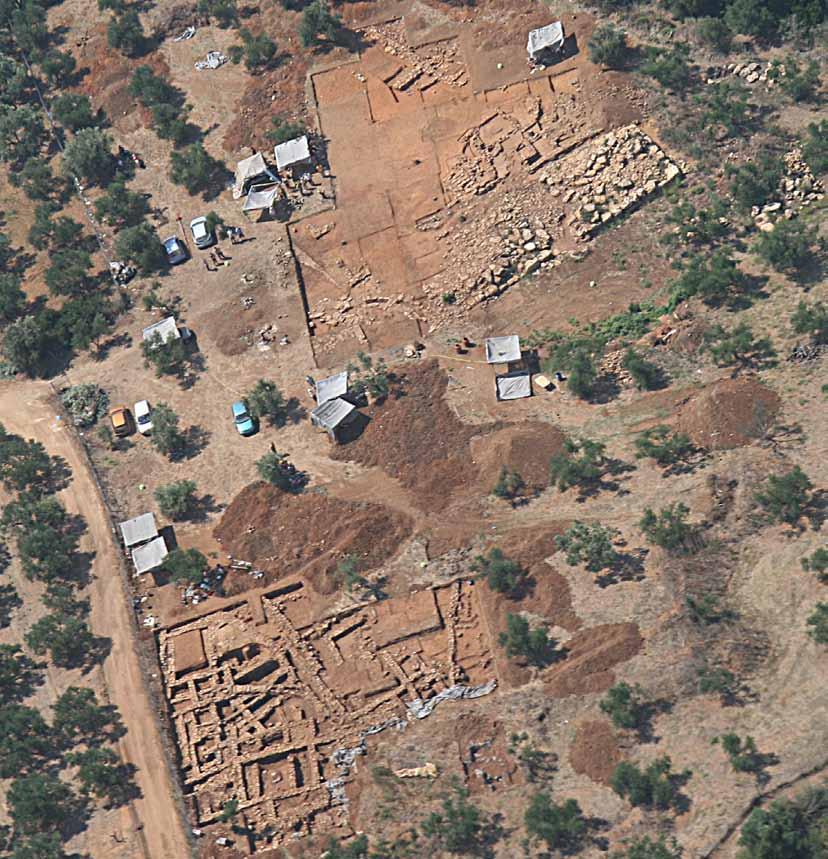 An aerial view of the site of Iklaina near Pylos, Greece, where archaeologists are uncovering surprisingly early evidence of how the Mycenaean
