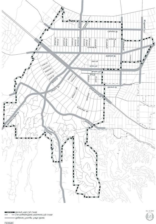 FIGURE 2 STREETS CARRYING NORTH-SOUTH REGIONAL TRAFFIC WITHIN CITY LIMIT: - Benedict Canon Drive - Coldwater Canyon Drive - Robertson Boulevard - Santa Monica Boulevard/State Route 2 (from 405 & 101