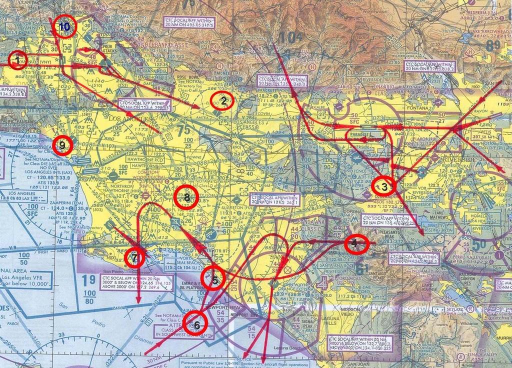 This slide identifies the 10 in-air HotSpots in the basin. The HotSpots are circled in red; and major commercial jet traffic routes are depicted by red lines with arrows.