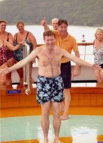 At noon, Dale joined dozens of other passengers swimming in the Panama Canal actually, they each swam a lap in the Sea View pool while the ship was in