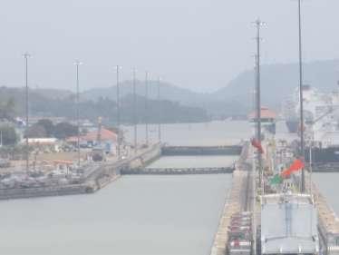 Approaching the Pedro Miguel Lock at about 1:30 pm. There is only one chamber in the Pedro Miguel Lock.