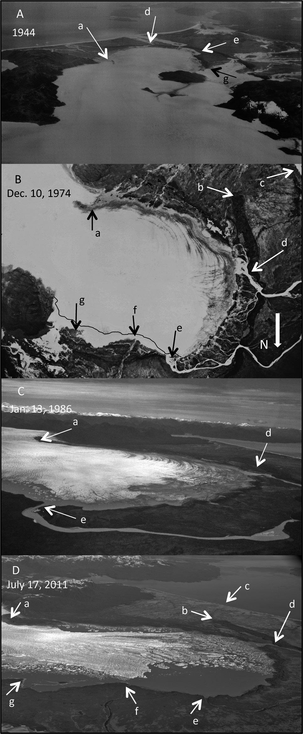 ANIYA Fig. 5. Variations of Gl. San Quintin from 1945 (44/45) to 2011 (July 17). A, trimetrogon; B, Chilean IGM. Arrows a to g indicate the same, corresponding spots. The width of the lake is ca.