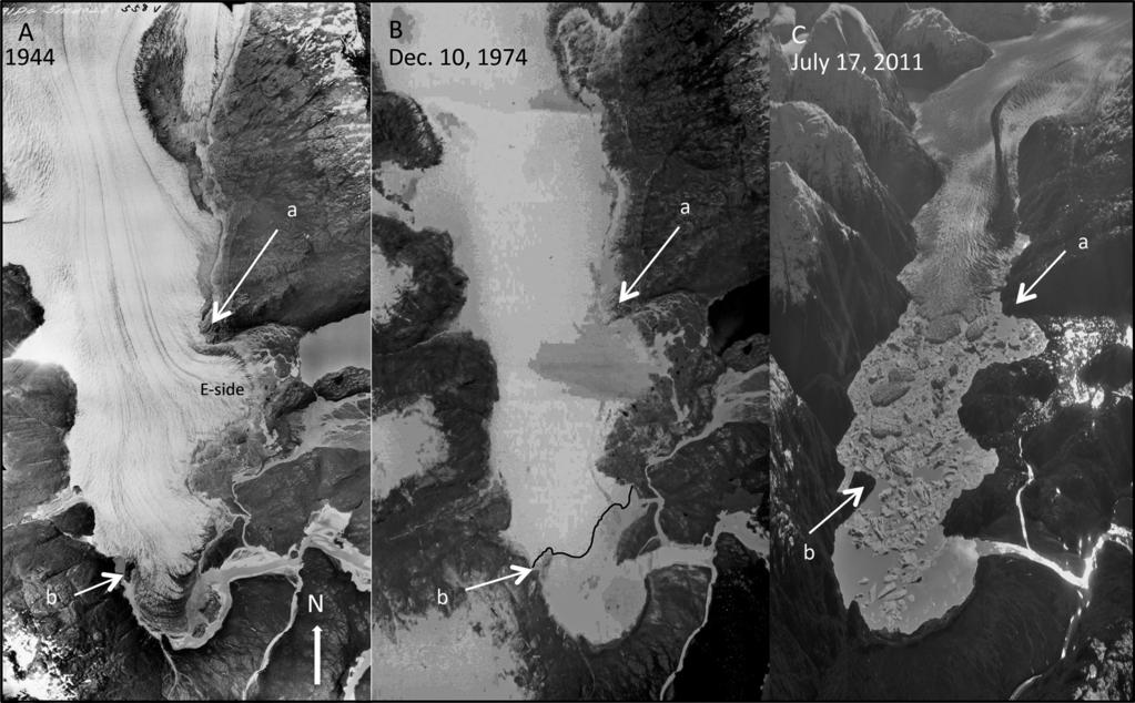 Glacier variations of Hielo Patagónico Norte, Chile, over 70 years from 1945 to 2015 Fig. 6. Variations of Gl. Steﬀen. A, trimetrogon; B, Chilean IGM. Arrows a and b indicate the same spot.
