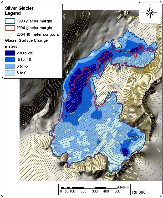 Figure 6. Silver Glacier comparison of 1993 adjusted reference map and 2004/2005 balance map.