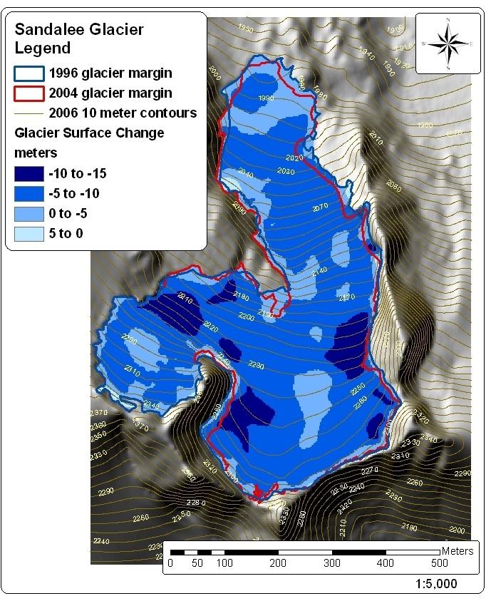 Figure 7. Sandalee Glacier comparison of 1996 adjusted reference map and 2004/2006 balance map.