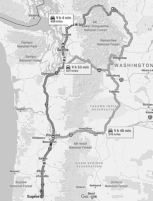 The most direct route to camp is approximately 470 miles (9 hours) from Eugene. Other options are available as shown below.